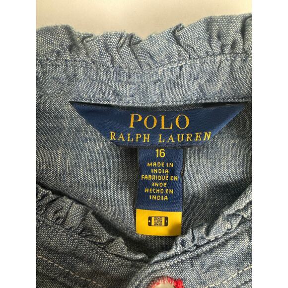 Polo Ralph Lauren Size 16 Denim Chambray Drop Waist Dress Ruffle Mock Neck - Picture 5 of 9